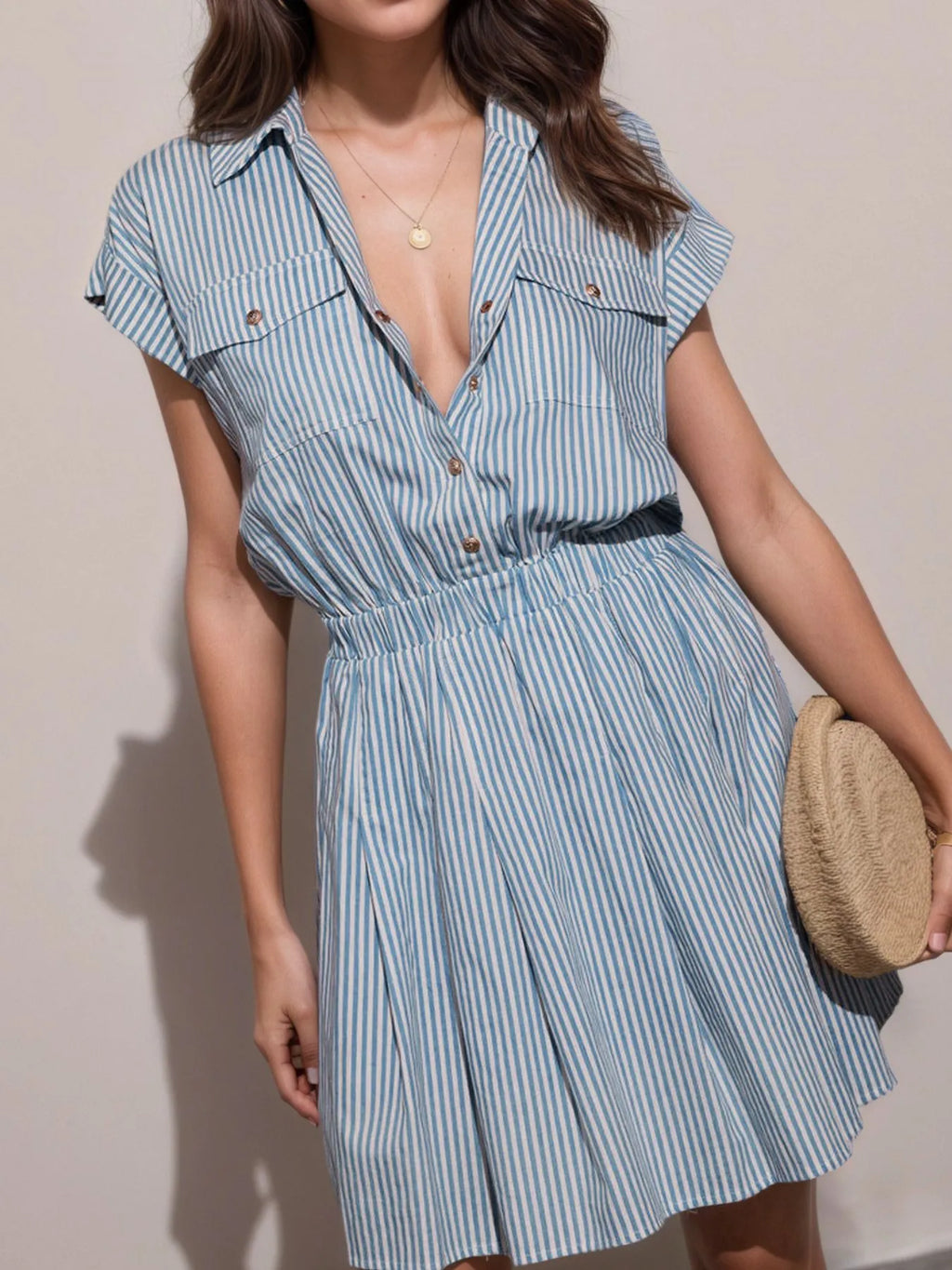 Hlaf Button Striped Cap Sleeve Mini Shirt Dress - Blushé Belle