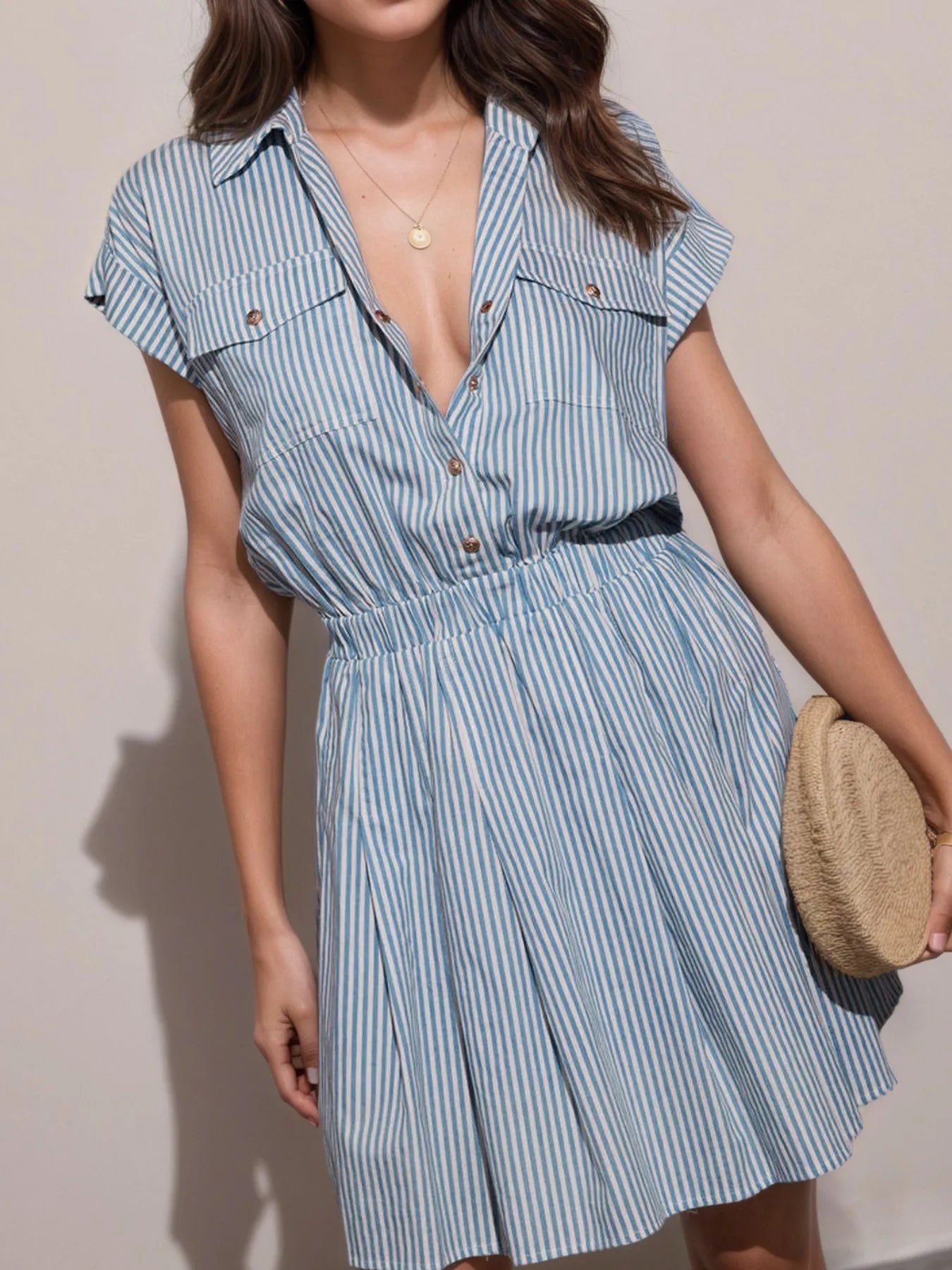 Hlaf Button Striped Cap Sleeve Mini Shirt Dress - Blushé Belle