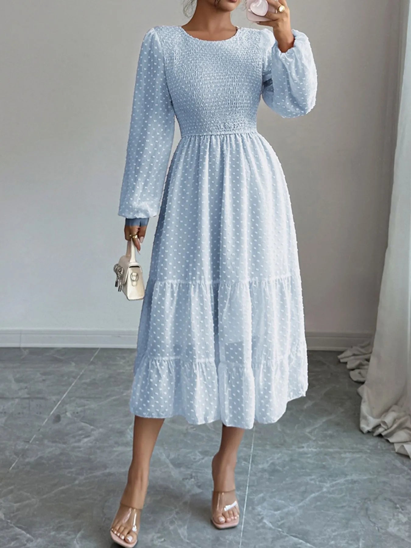 Polka Dot Long Sleeve Tiered Midi Dress - Blushé Belle