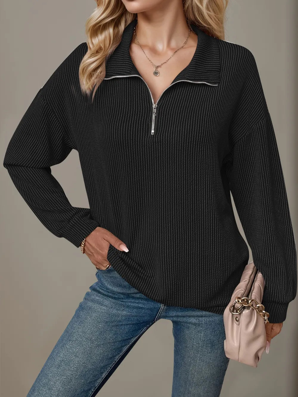 Double Take Striped Half Zip Long Sleeve T-Shirt - Blushé Belle