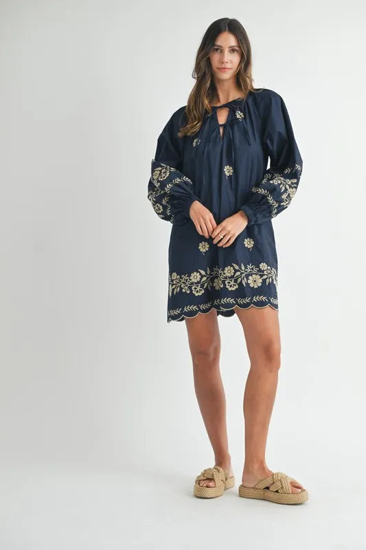 MABLE Embroidered Long Sleeve Peasant Mini Dress - Blushé Belle
