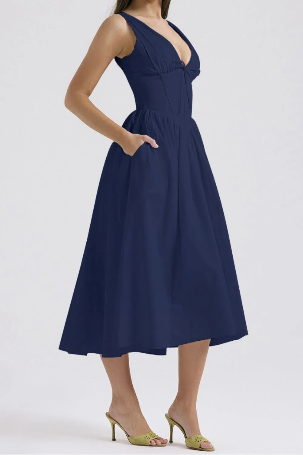 Ruched V-Neck Sleeveless Dress with Pockets - Blushé Belle
