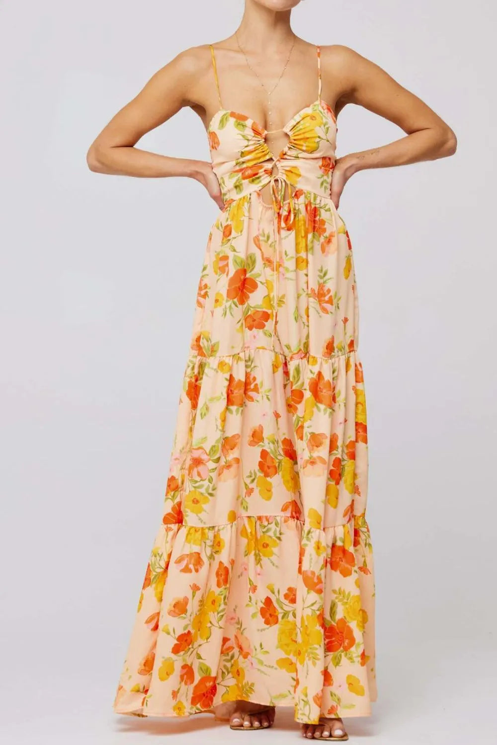 Floral Print Tie Front Tiered Maxi Dress - Blushé Belle