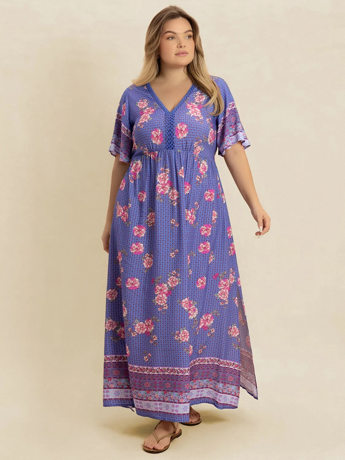 Plus Size Printed V-Neck Flutter Sleeve Dress - Blushé Belle