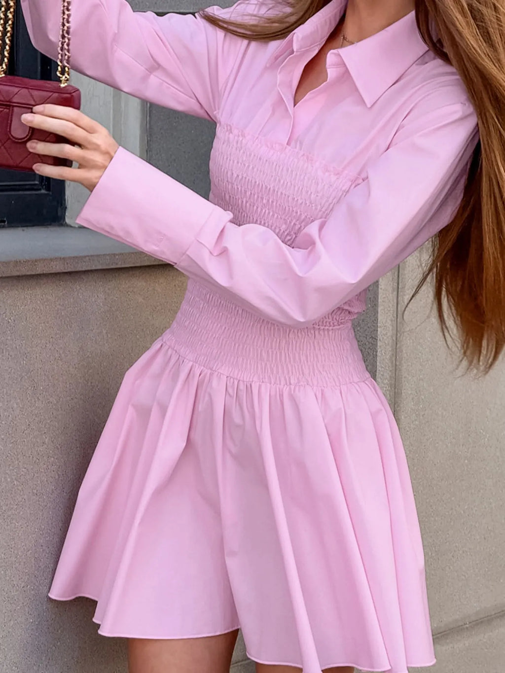 Smocked Long Sleeve Shirt Dress - Blushé Belle