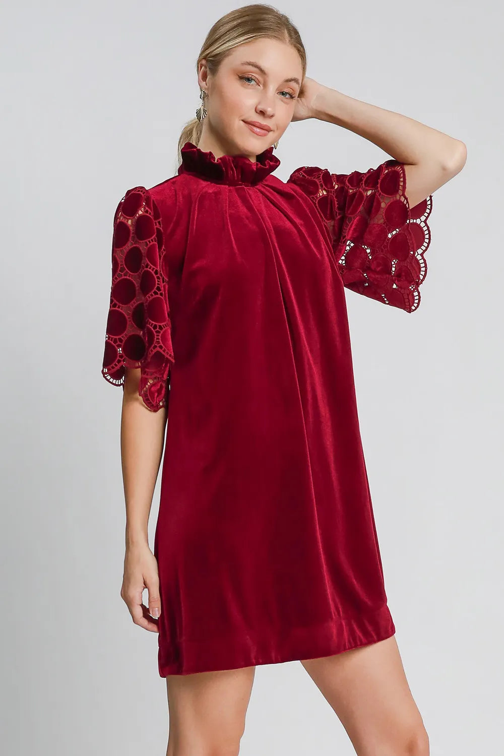 Umgee Dotted Lace Half Sleeve Mock Neck Back Tie Velvet Dress - Blushé Belle