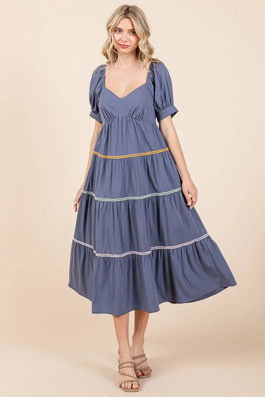 Lime 'N' Chili Trim Detail Puff Sleeve Tiered Maxi Dress - Blushé Belle