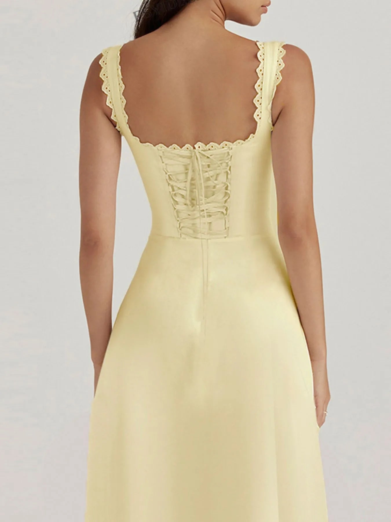 Scalloped V-Neck Midi Dress with Back Lace-Up - Blushé Belle