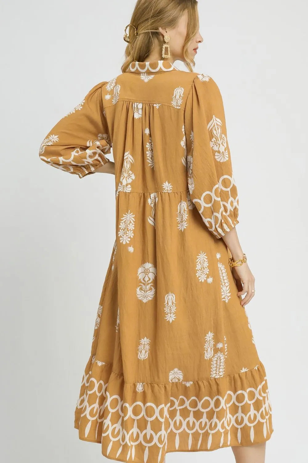 Umgee Ruffled Hem Printed Johnny Collar Midi Dress - Blushé Belle