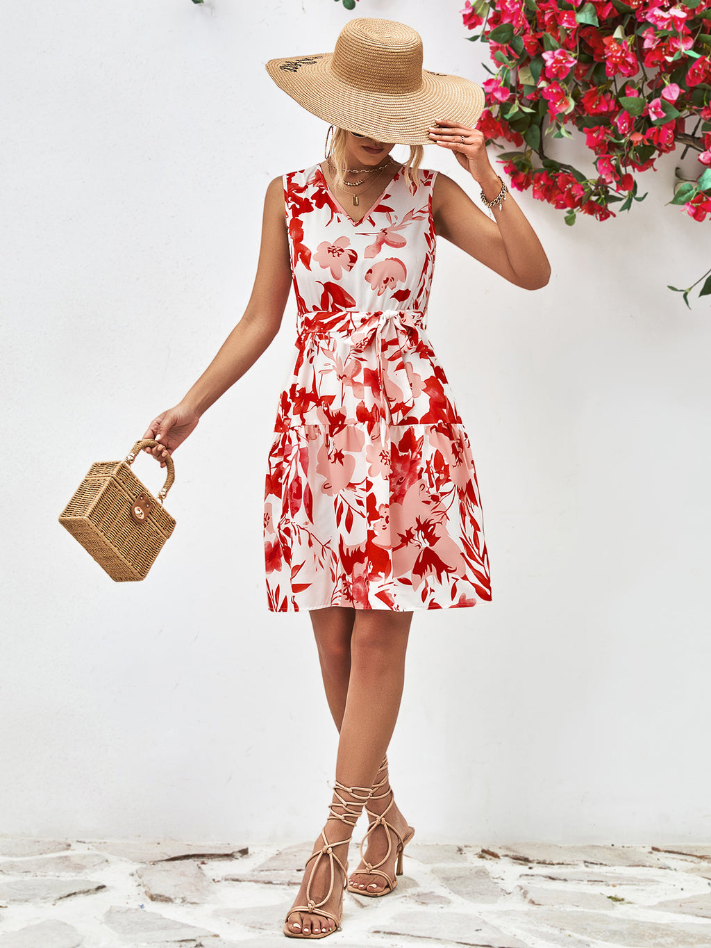 Floral V-Neck Tie Waist Sleeveless Dress - Blushé Belle