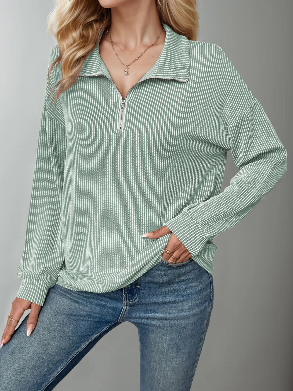 Double Take Striped Half Zip Long Sleeve T-Shirt - Blushé Belle