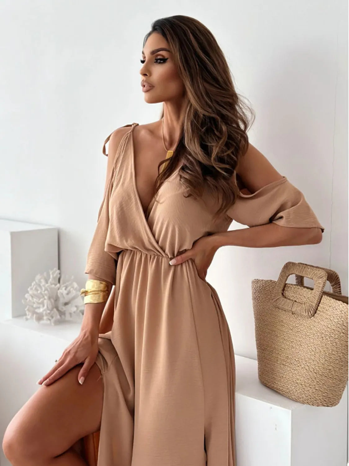 Tied Shoulder Slit Maxi Dress - Blushé Belle