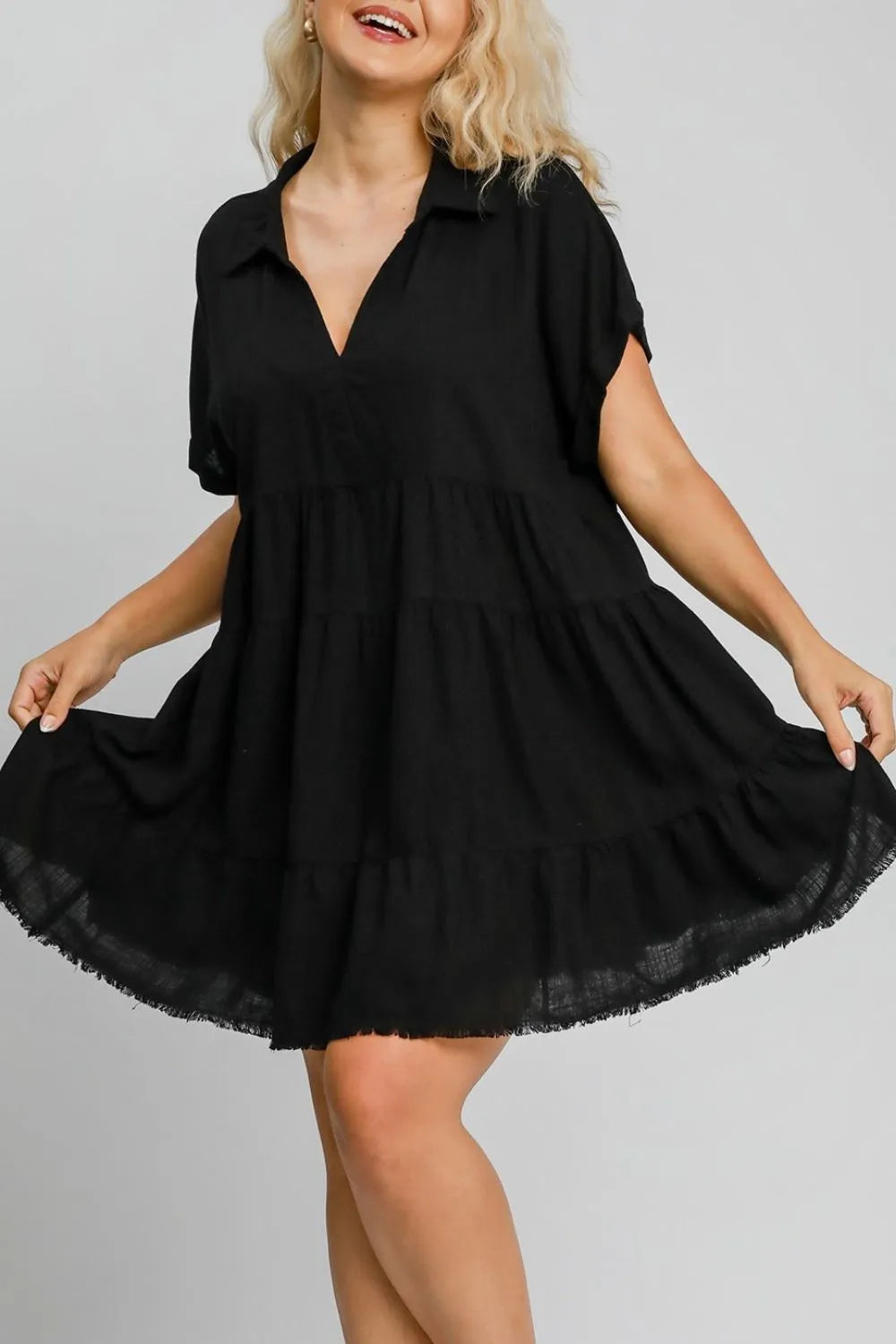 Umgee Full Size Raw Hem Folded Sleeve Tiered Dress Plus Size - Blushé Belle
