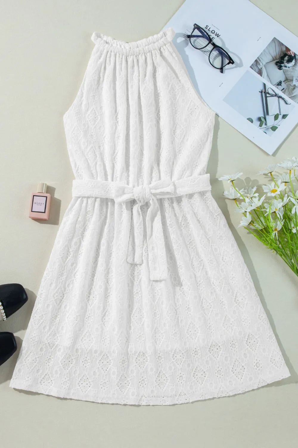 Lace Sleeveless Tied Waist Mini Dress - Blushé Belle