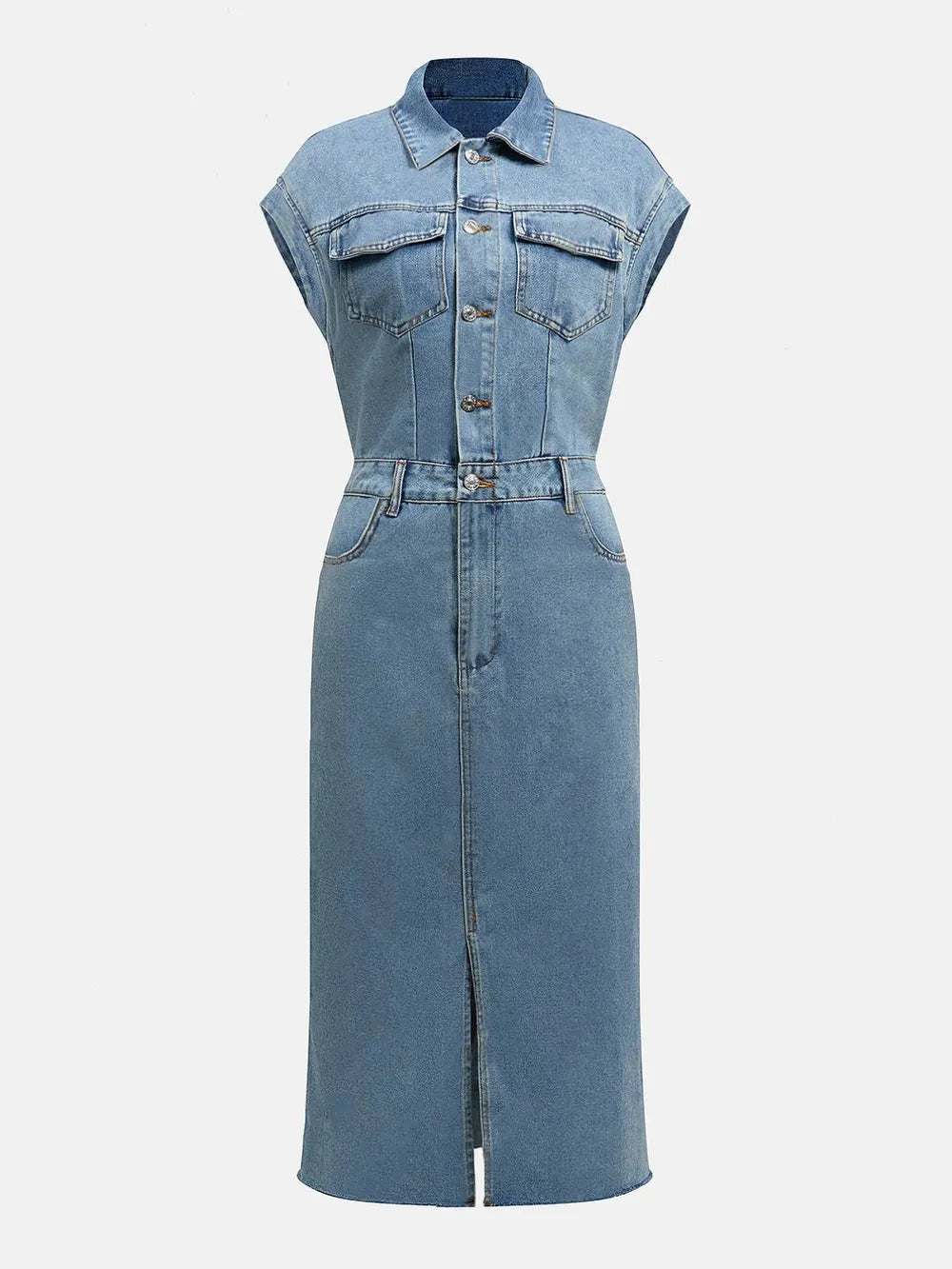 Slit Half Button Collared Neck Cap Sleeve Denim Dress - Blushé Belle