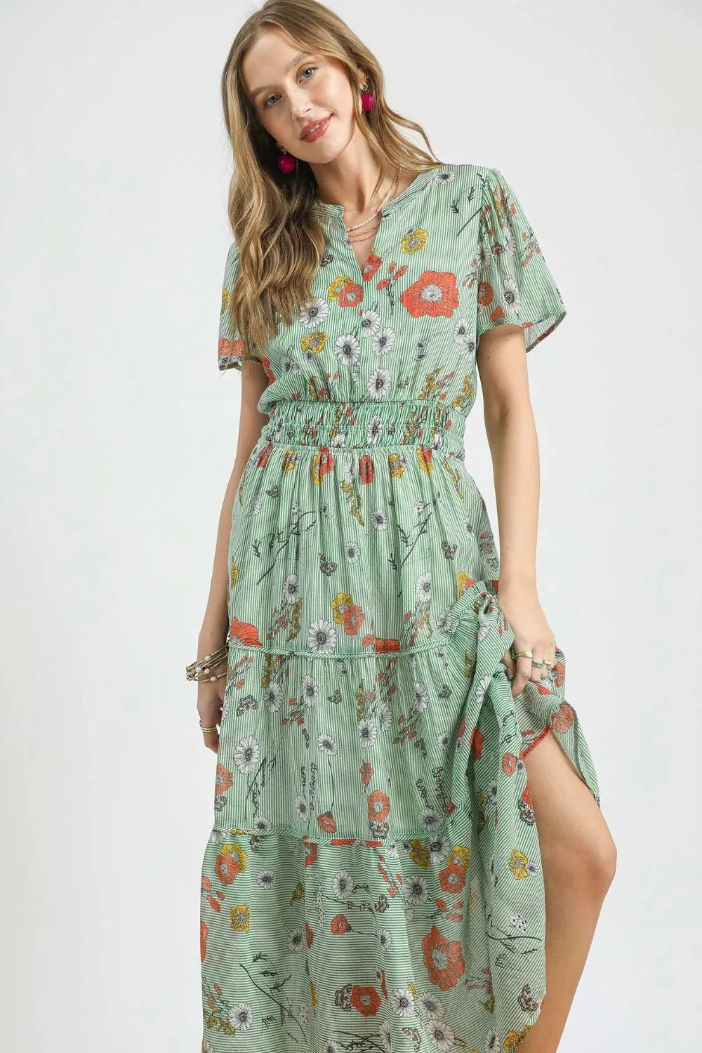 Umgee Smocked Waist Floral Short Sleeve Midi Dress - Blushé Belle
