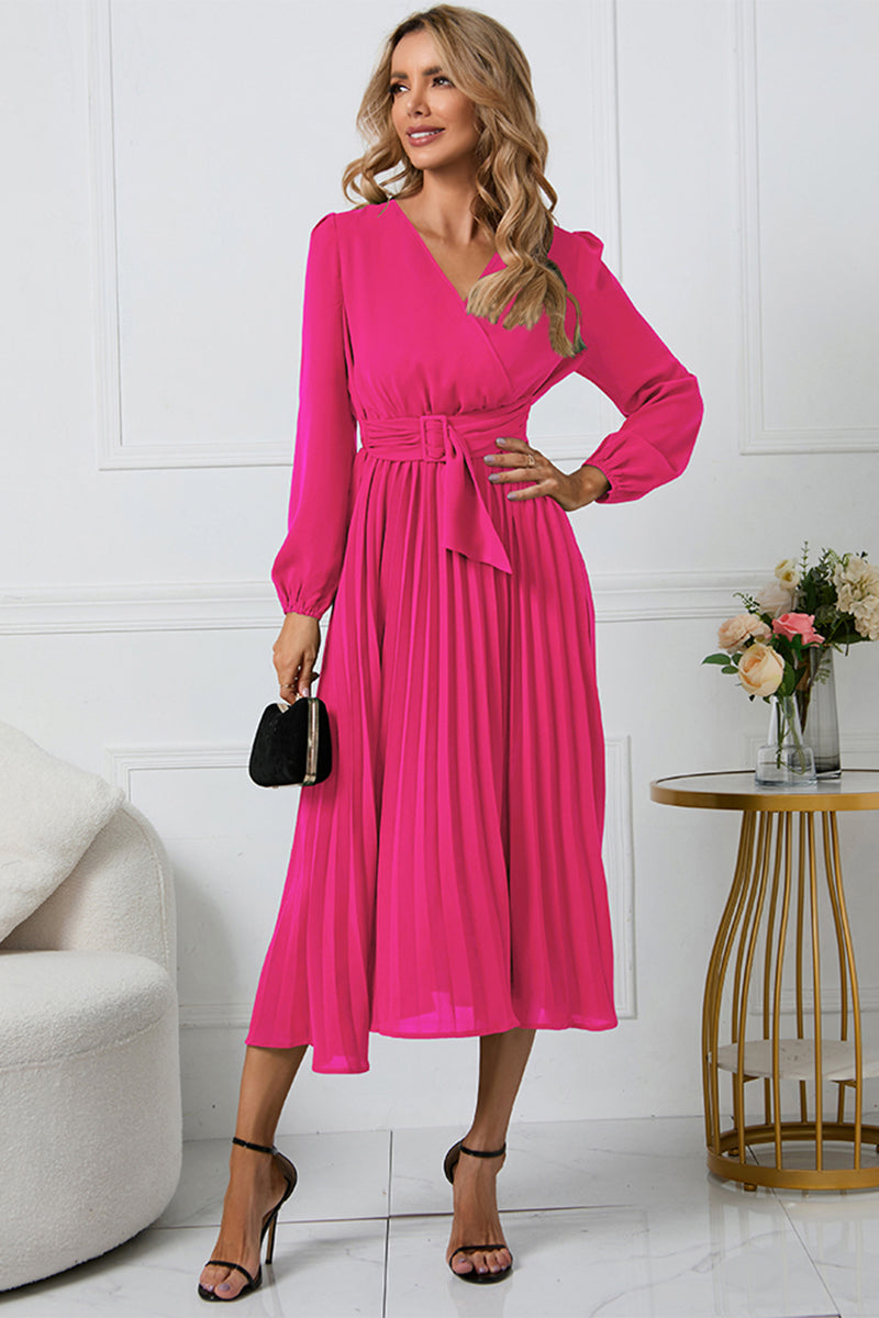 V-Neck Long Sleeve Tie Waist Midi Dress - Blushé Belle