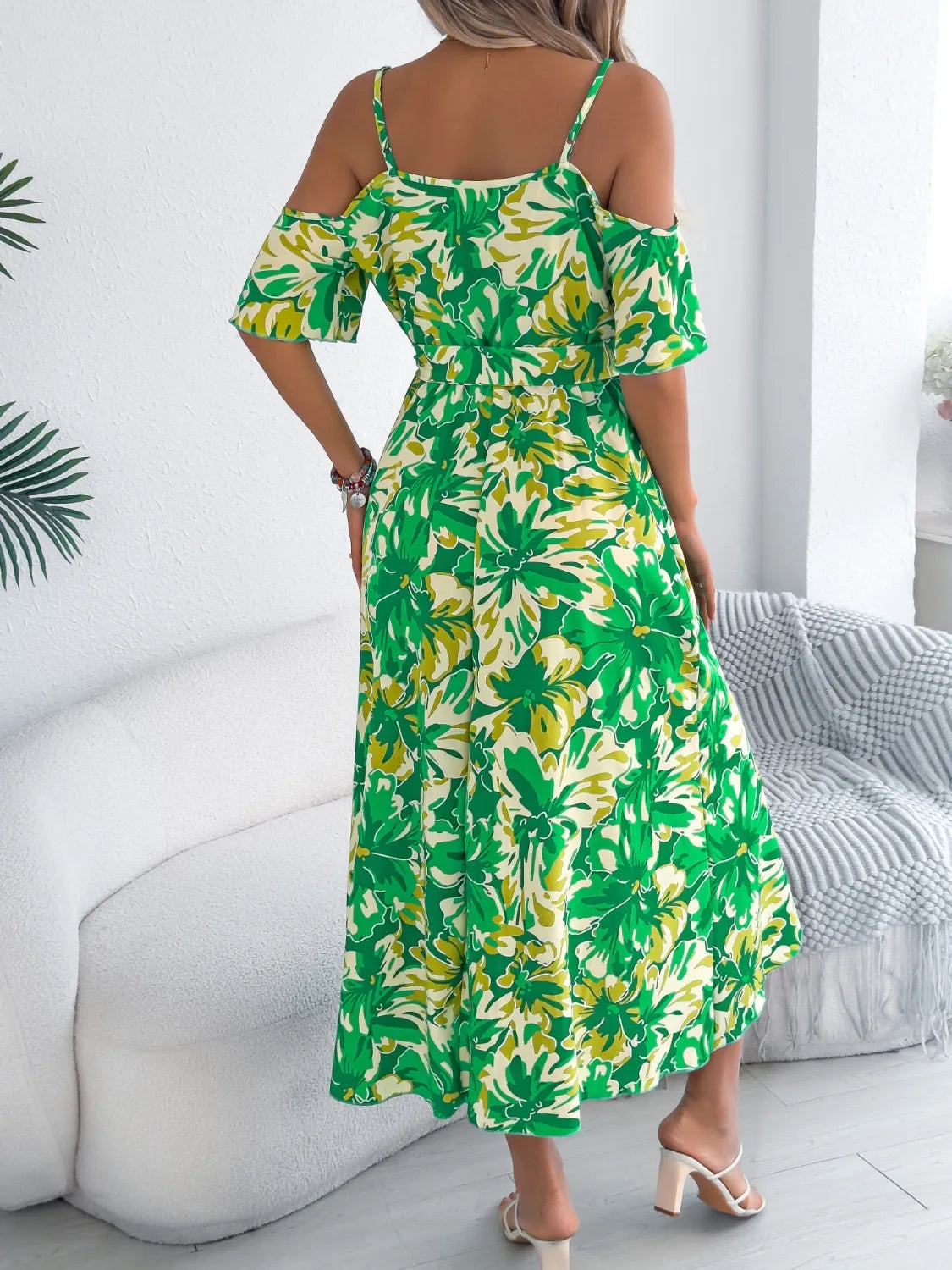 Printed Cold Shoulder Midi Cami Dress - Blushé Belle