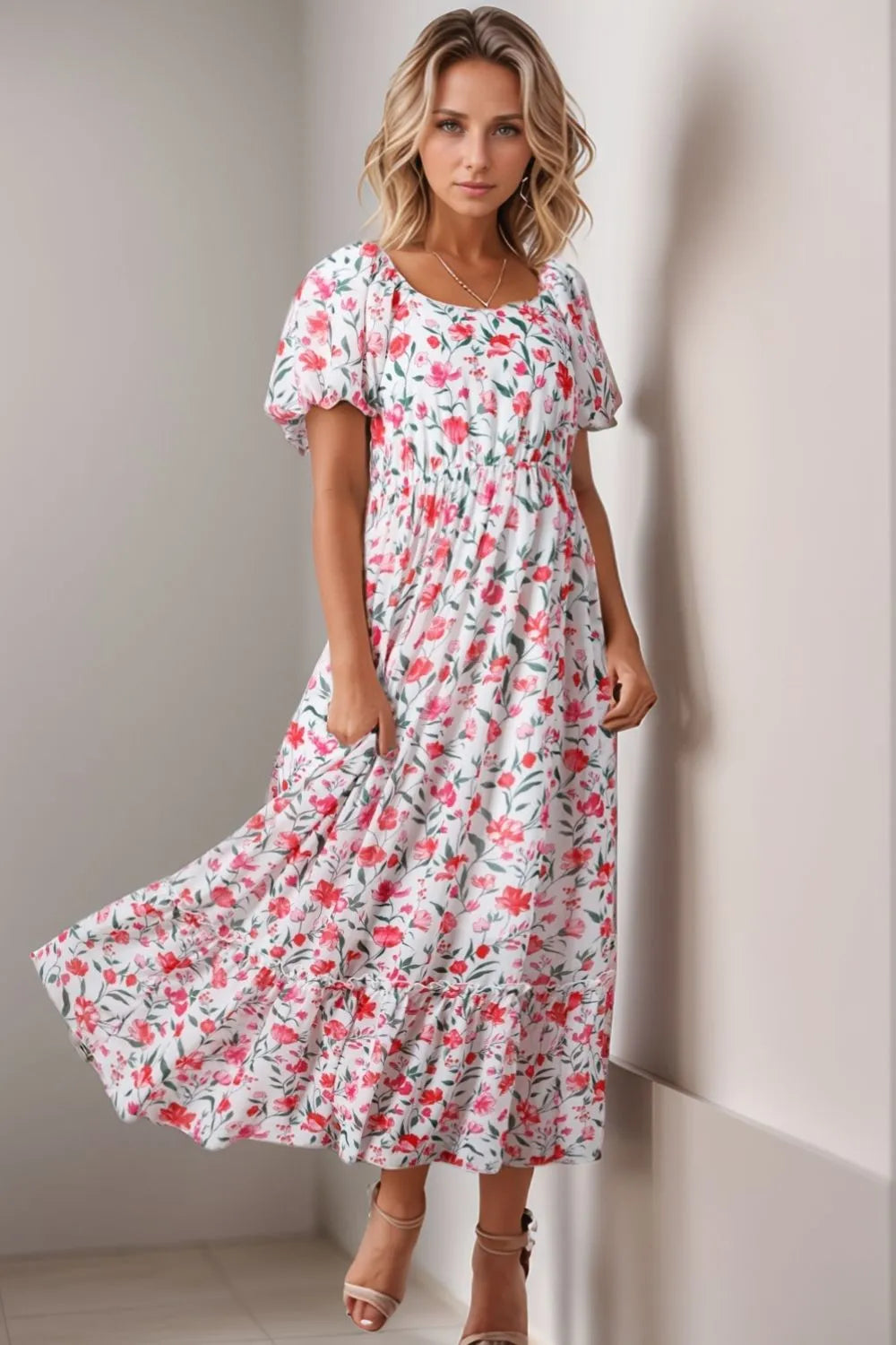 Floral Short Puff Sleeve Tiered Dress - Blushé Belle