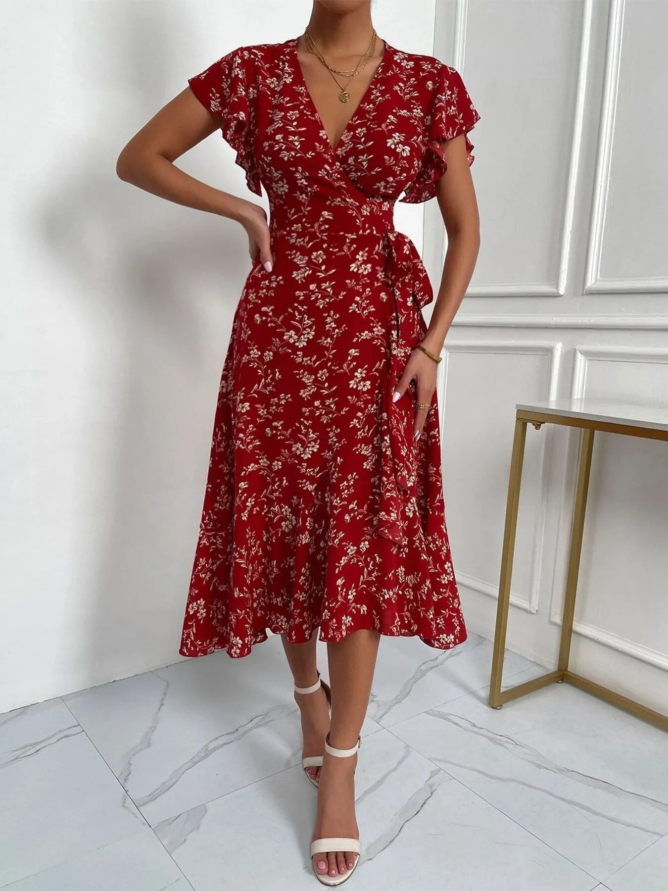 Floral Ruffle Sleeves Midi Dress - Blushé Belle