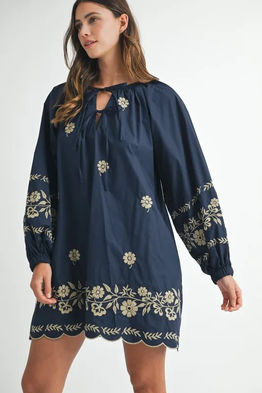 MABLE Embroidered Long Sleeve Peasant Mini Dress - Blushé Belle