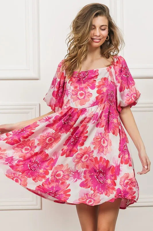 BiBi Floral Square Neck Puff Sleeve Mini Dress - Blushé Belle