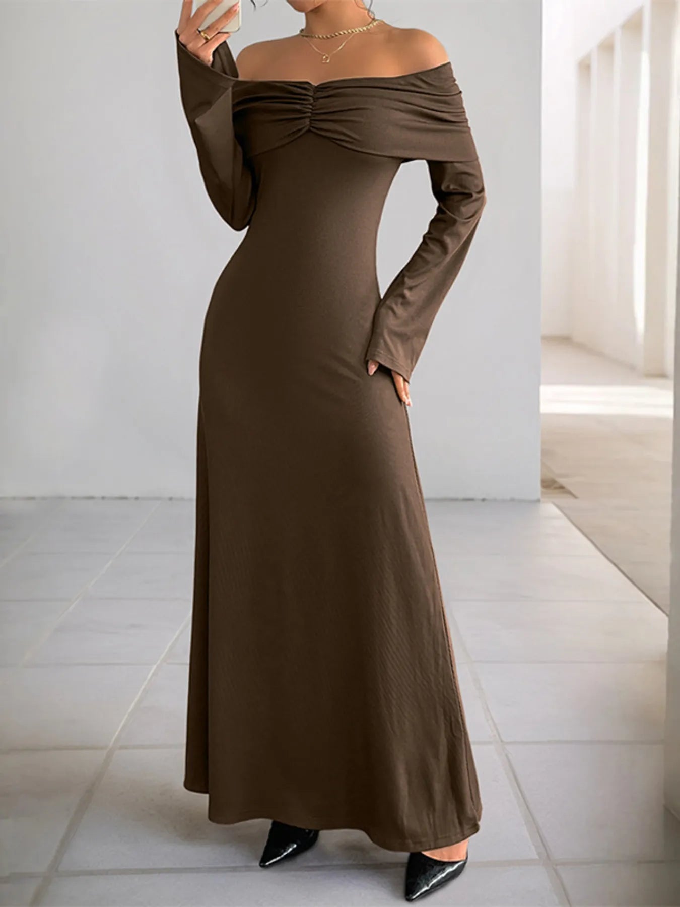 Off-Shoulder Long Sleeve Bodycon Maxi Dress - Blushé Belle