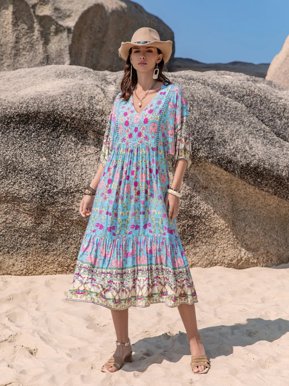 Printed Puff Sleeve Ruched Midi Dress - Blushé Belle