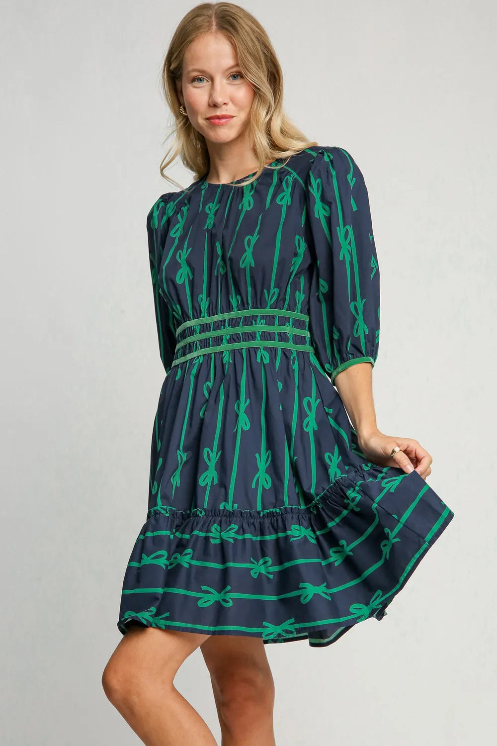 Umgee Ribbon Print Frill Contrast Velvet Trim Half Sleeve Dress - Blushé Belle