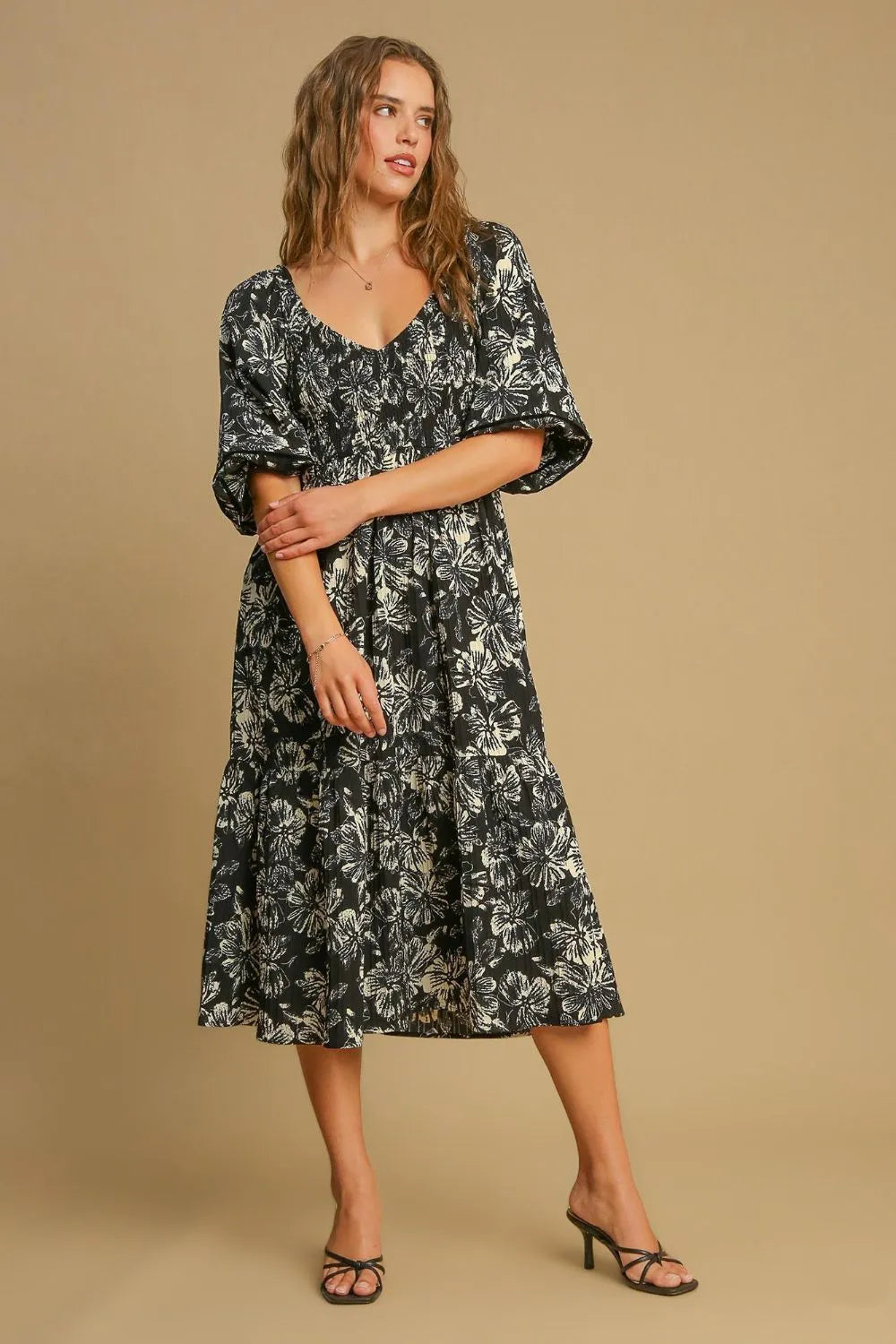 Umgee Ruffle Hem Flower Printed V-Neck Dress - Blushé Belle