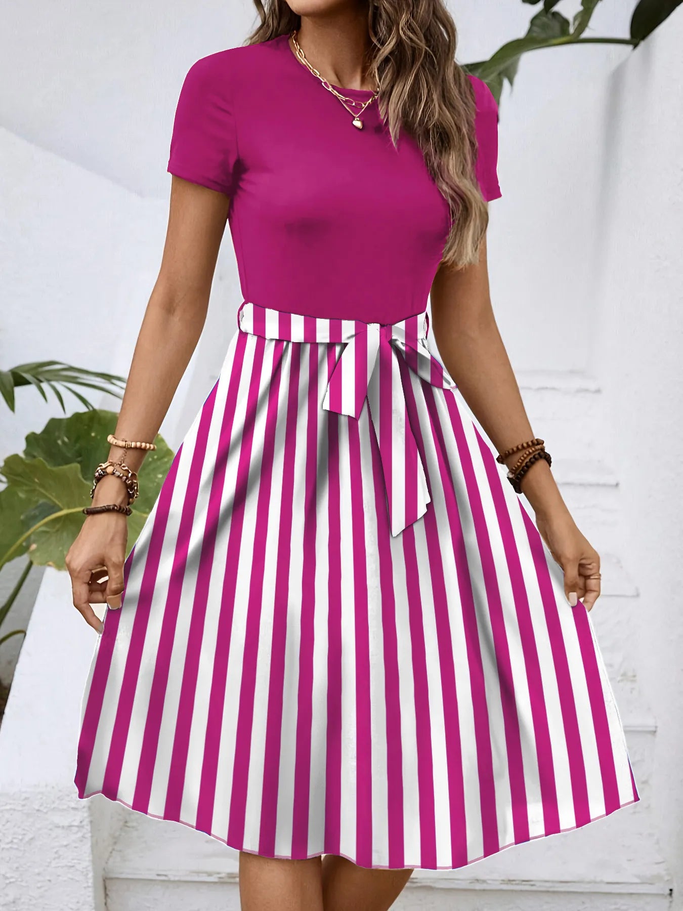 Striped Round Neck Short Sleeve Dress - Blushé Belle