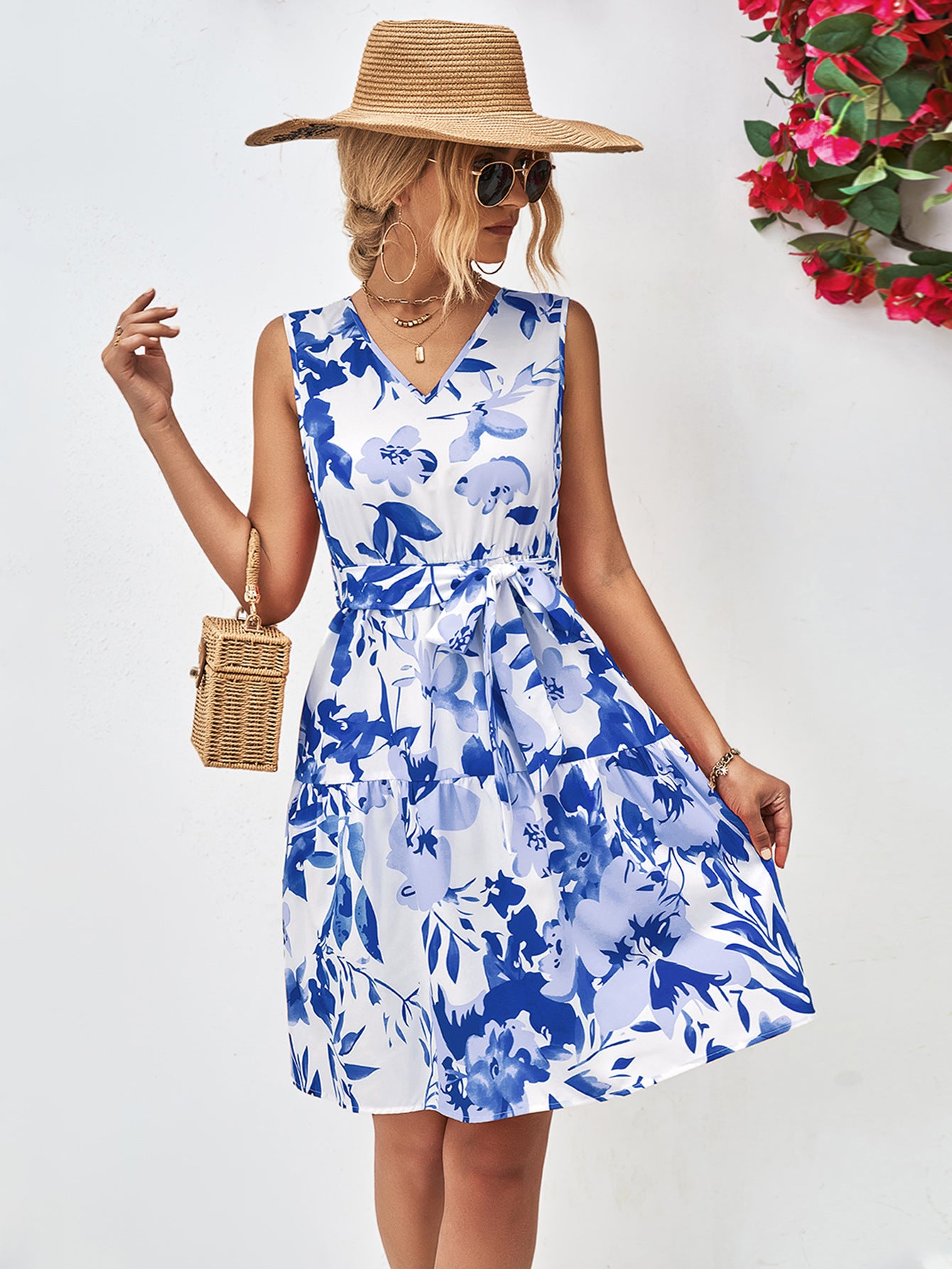 Floral V-Neck Tie Waist Sleeveless Dress - Blushé Belle