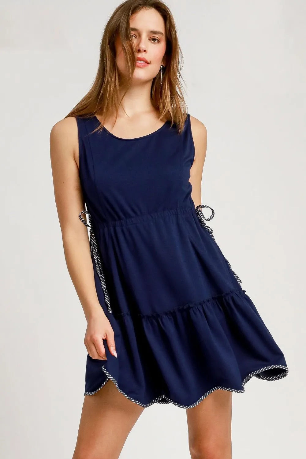 Umgee Frill Drawstring Waist Round Neck Mini Tank Dress - Blushé Belle