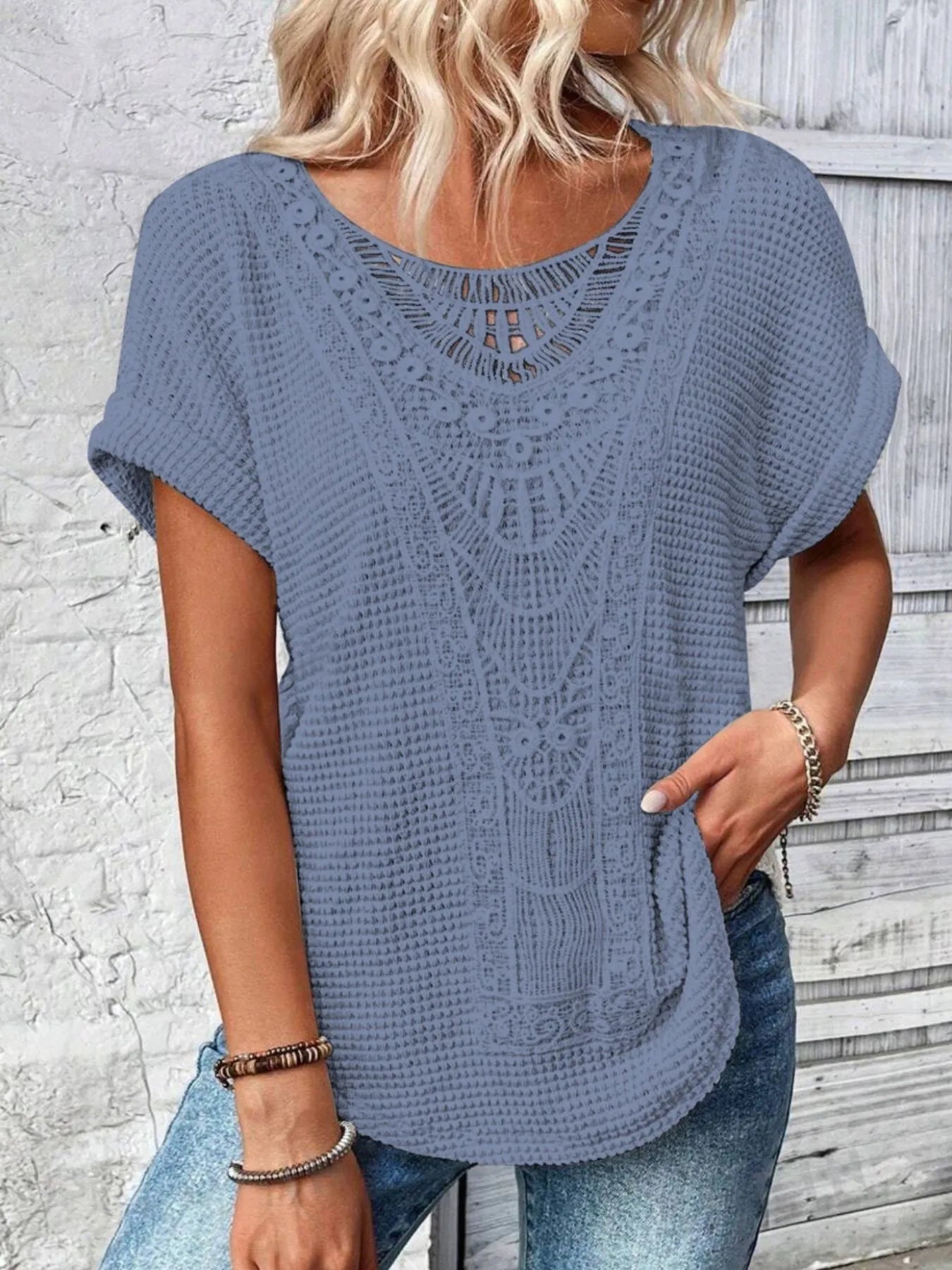 Crochet Lace Short Sleeve Casual T-Shirt - Blushé Belle