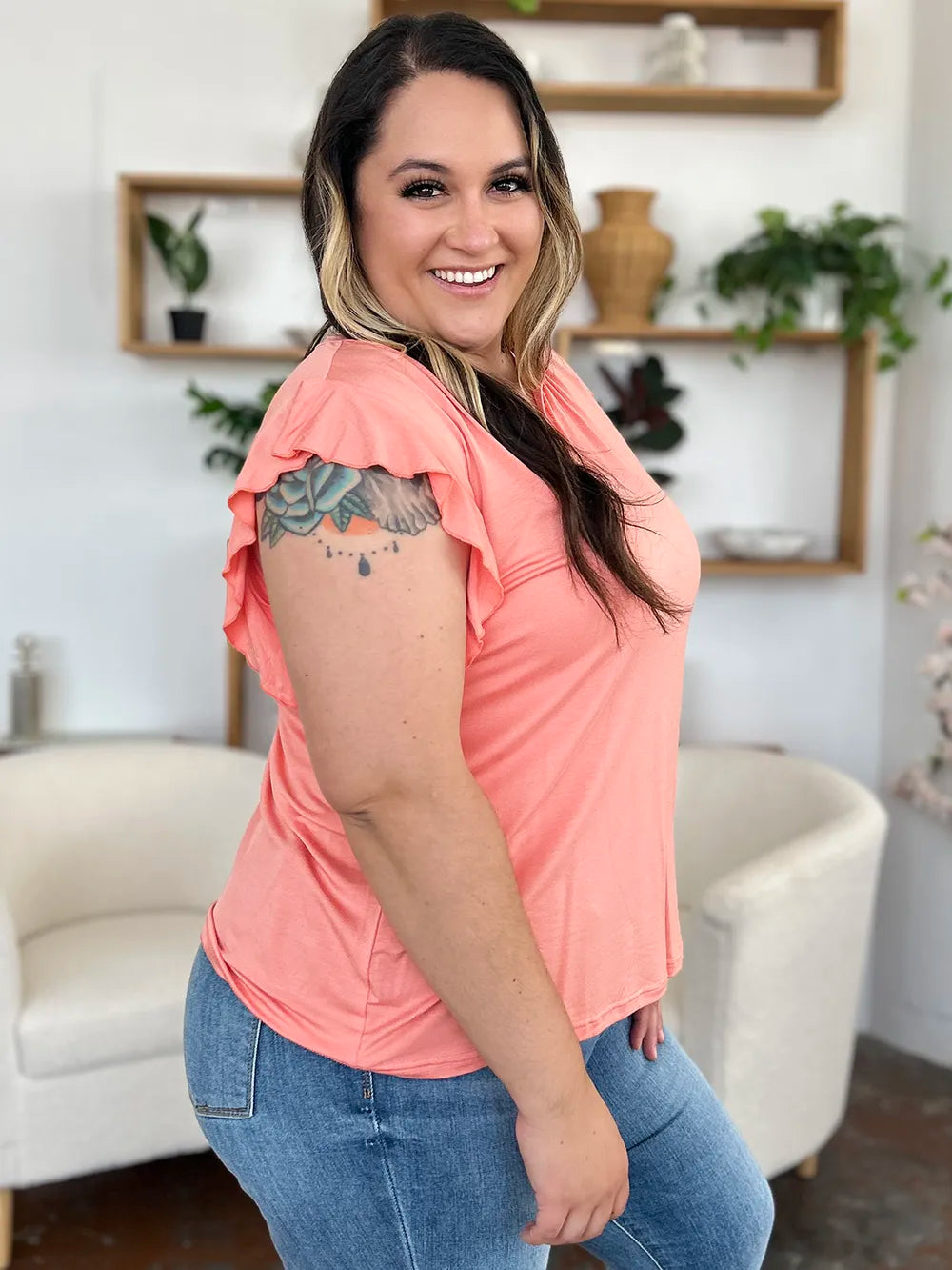 Basic Bae Full Size Bamboo Notched Ruffled Short Sleeve T-Shirt - Blushé Belle