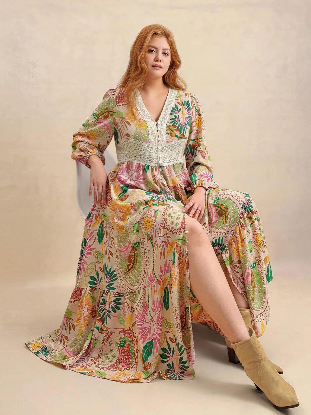 Plus Size Lace Detail Printed V-Neck Balloon Sleeve Dress - Blushé Belle