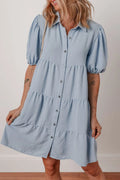 Button Up Puff Sleeve Tiered Shirt Dress - Blushé Belle
