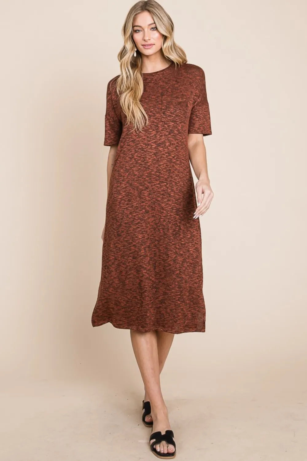 BOMBOM Round Neck Side Slit Midi Dress - Blushé Belle