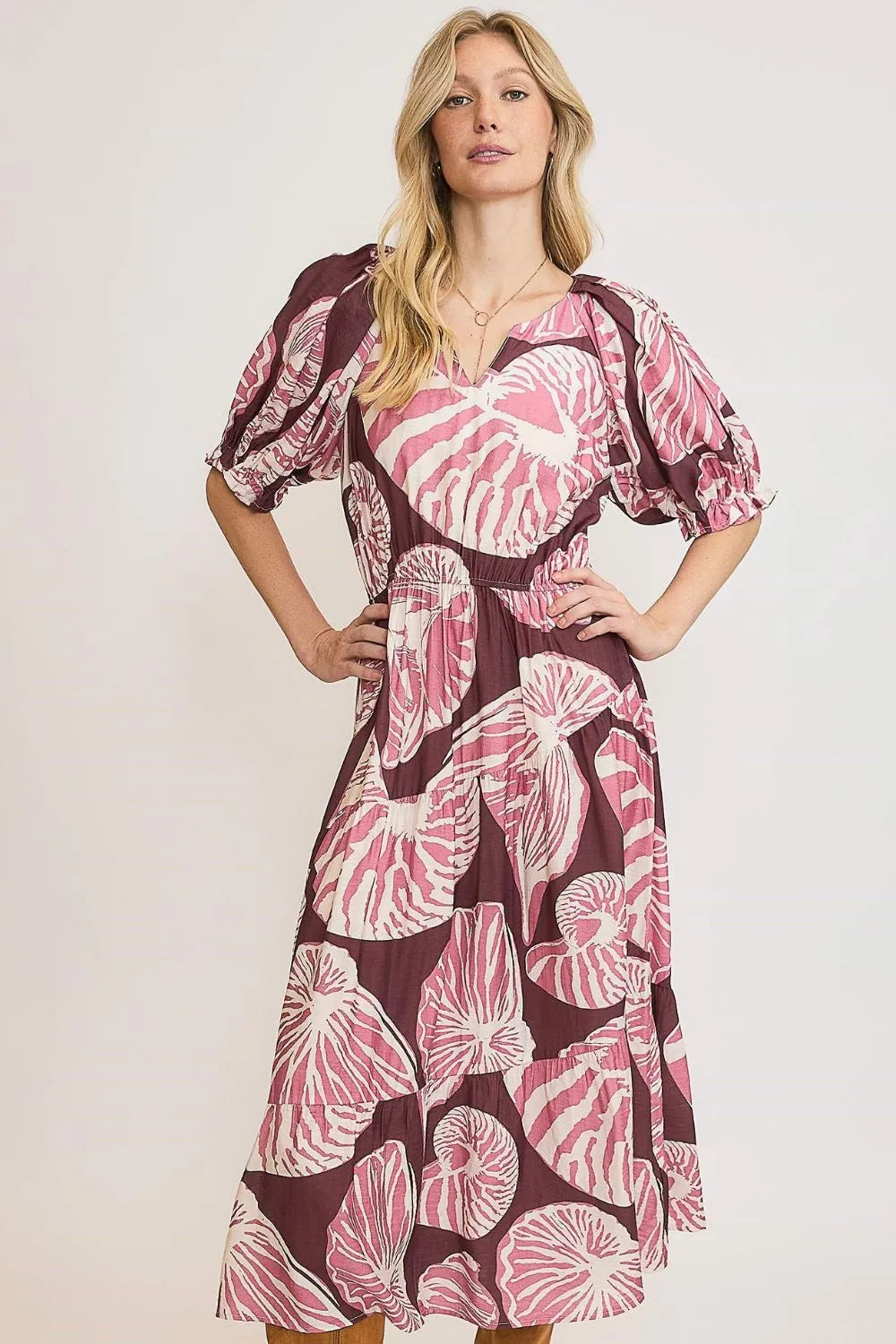 Umgee Full Size Printed Notched Puff Sleeve Midi Dress Plus Size - Blushé Belle