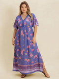 Plus Size Printed V-Neck Flutter Sleeve Dress - Blushé Belle