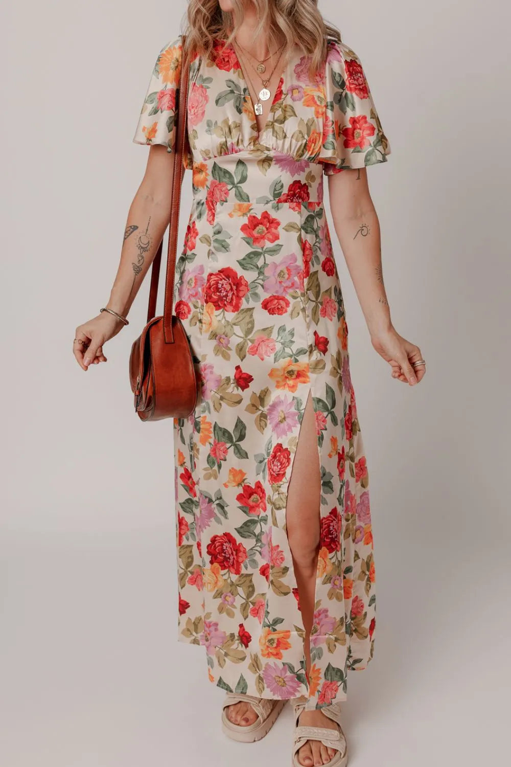 Floral Short Sleeve Tie Back Slit Dress - Blushé Belle