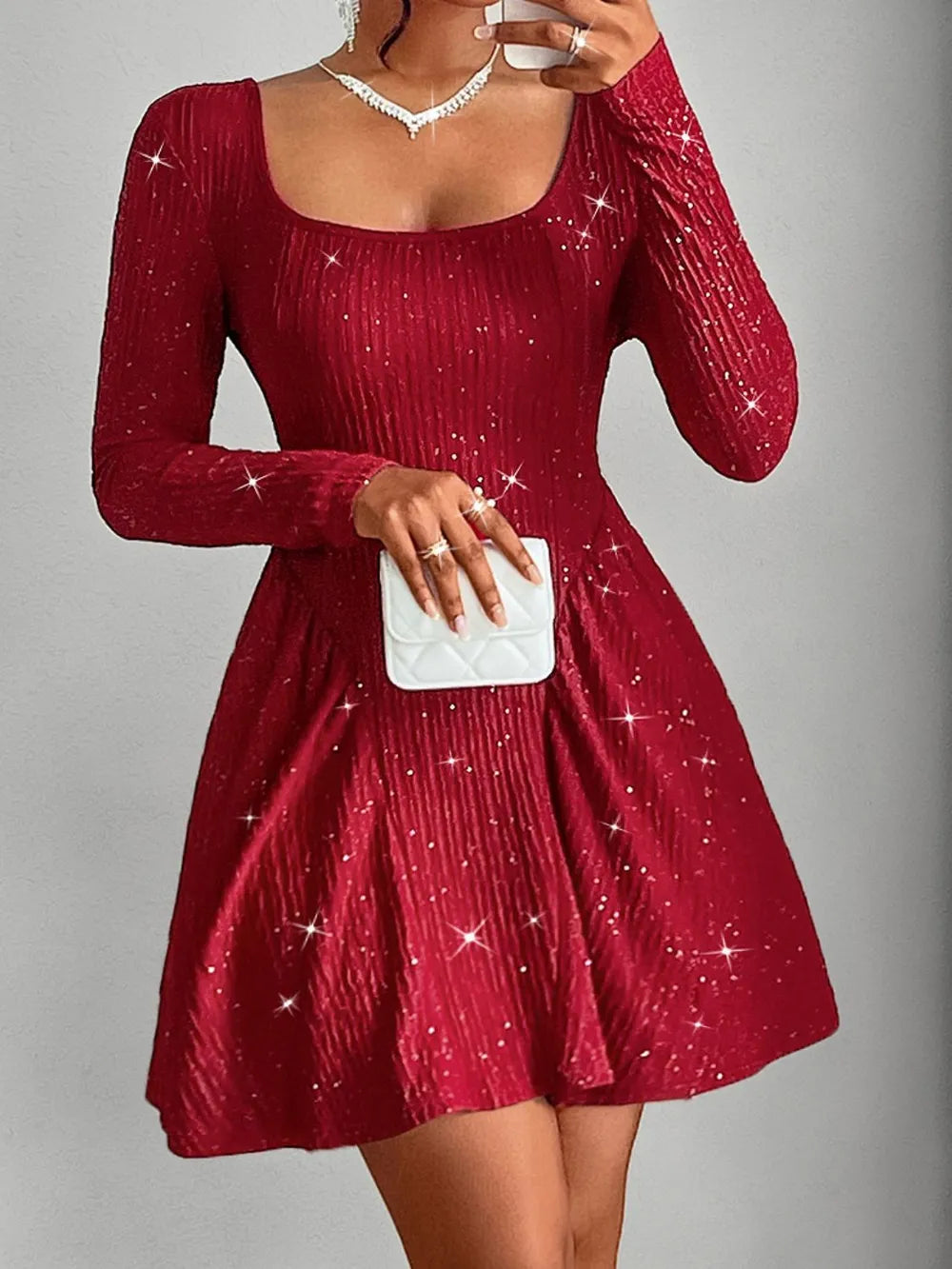 Backless Glitter Square Neck Long Sleeve Mini Dress - Blushé Belle