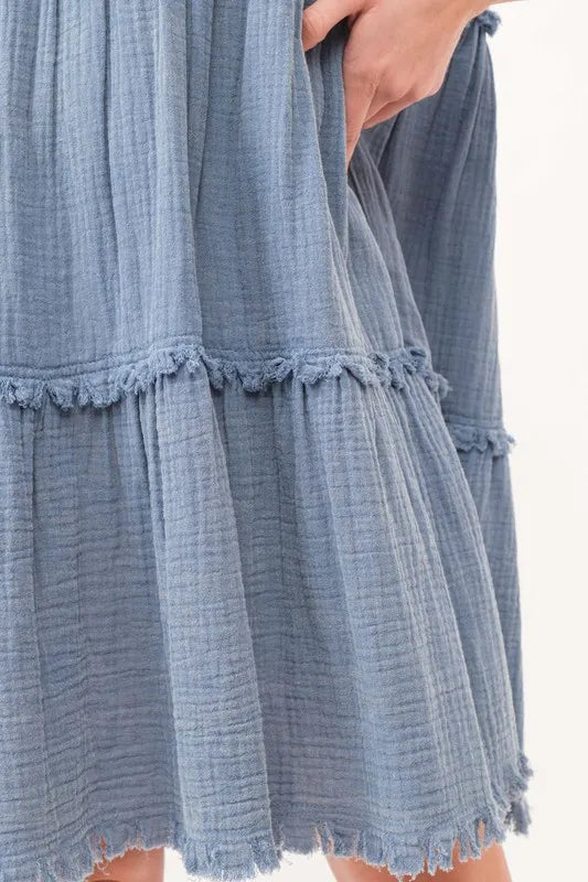 And The Why Washed Frayed Detail Tiered Dress - Blushé Belle