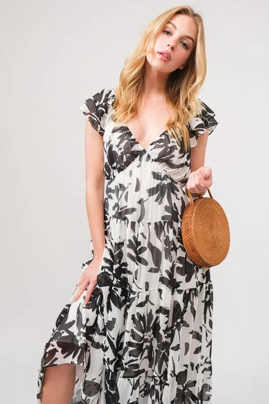 And The Why Ruffled Sleeve Tiered Floral Print Maxi Dress - Blushé Belle