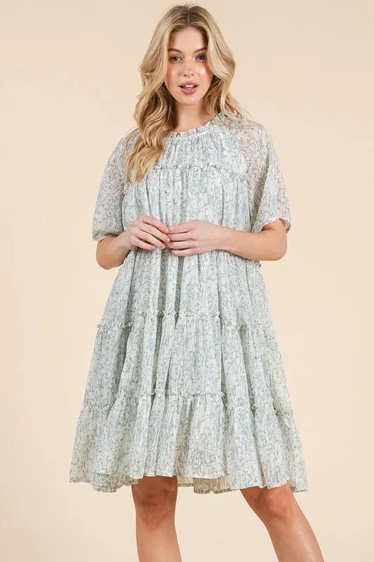 Lime 'N' Chili Ditsy Floral Print Sheer Ruffle Detail Mini Dress - Blushé Belle