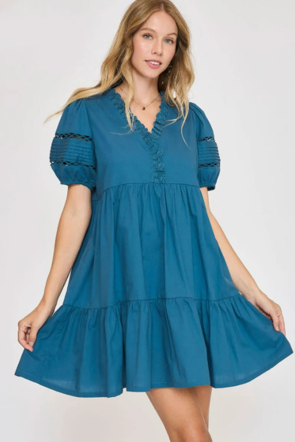 Umgee USA Full Size Lace Detail Puff Sleeve Mini Dress Plus Size - Blushé Belle
