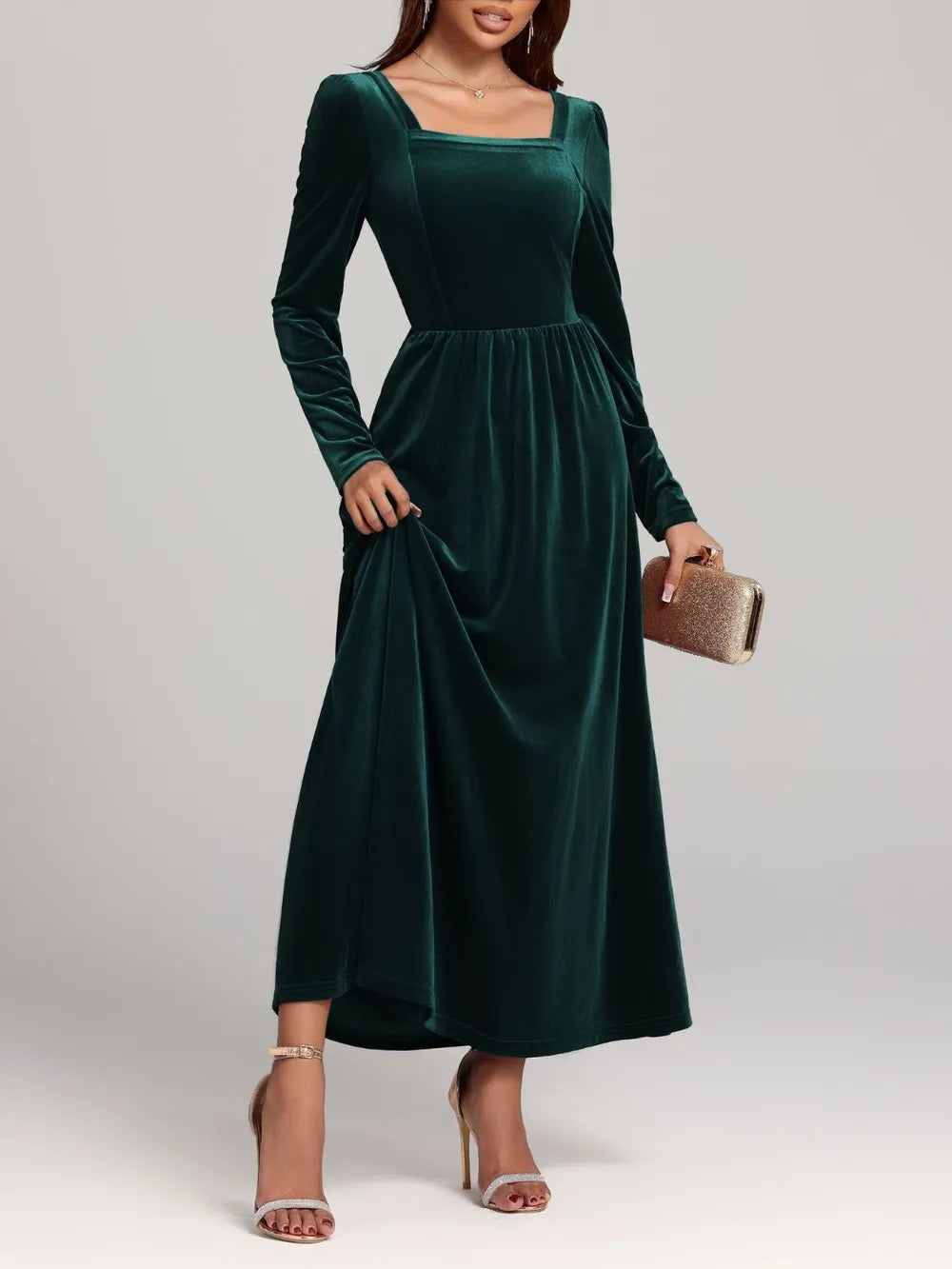 Velvet Square Neck Long Sleeve Dress - Blushé Belle