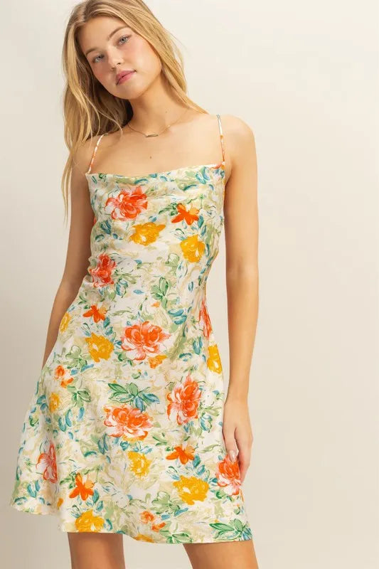 HYFVE Floral Cowl Neck Flirty Satin Mini Dress - Blushé Belle