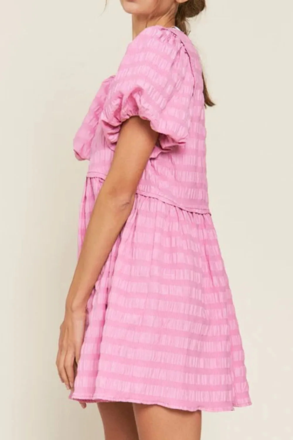 Textured Round Neck Puff Sleeve Mini Dress - Blushé Belle