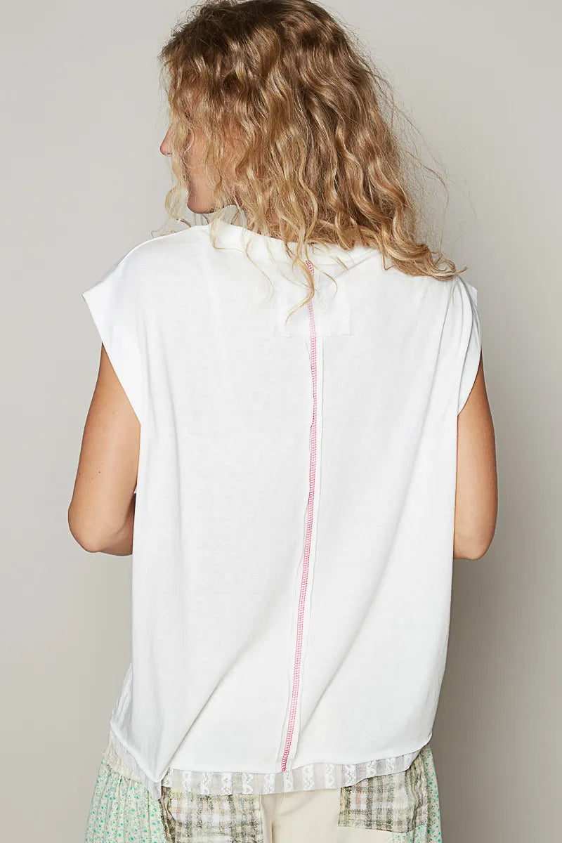 POL Star Patch Studded Sleeveless T-Shirt with Lace Hem - Blushé Belle